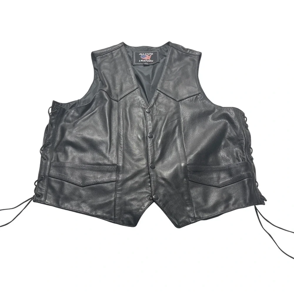 Allstate Leather Mens XL Black Leather Biker Vest Side Lace Snap Front Western
